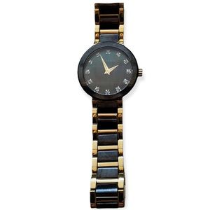 Bulova Black Ceramic Gold Tone-Tone Watch Diamond Accent Markers Watch 28mm